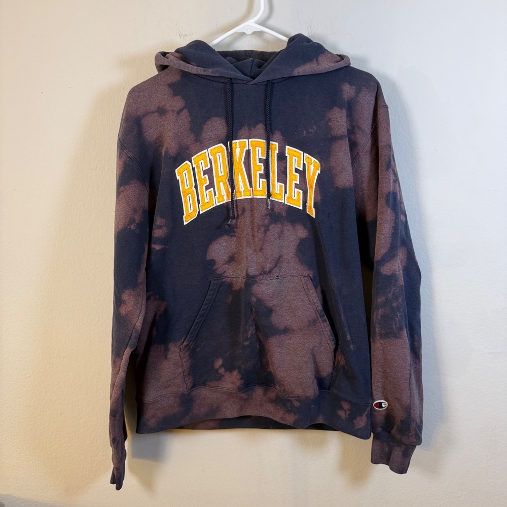 Champion Berkeley Hoodie Bleach Dye Navy Blue Pullover Sweatshirt Mens Medium